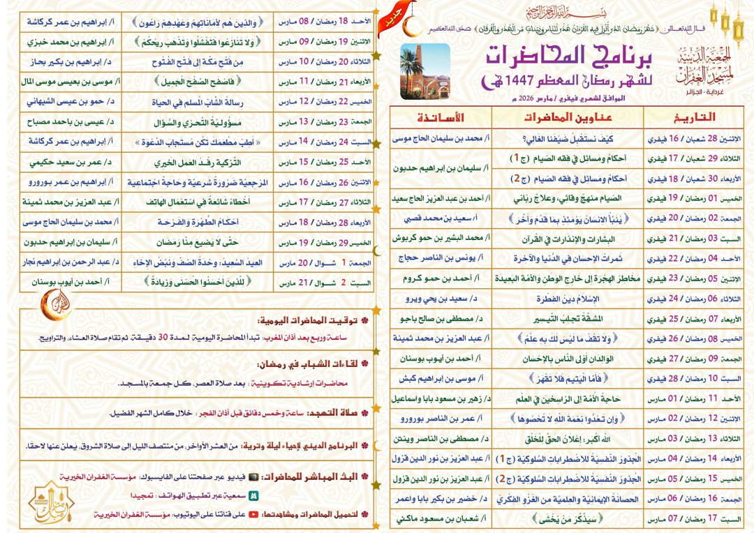برنامج المحاضرات لشهر رمضان 1447 هـ